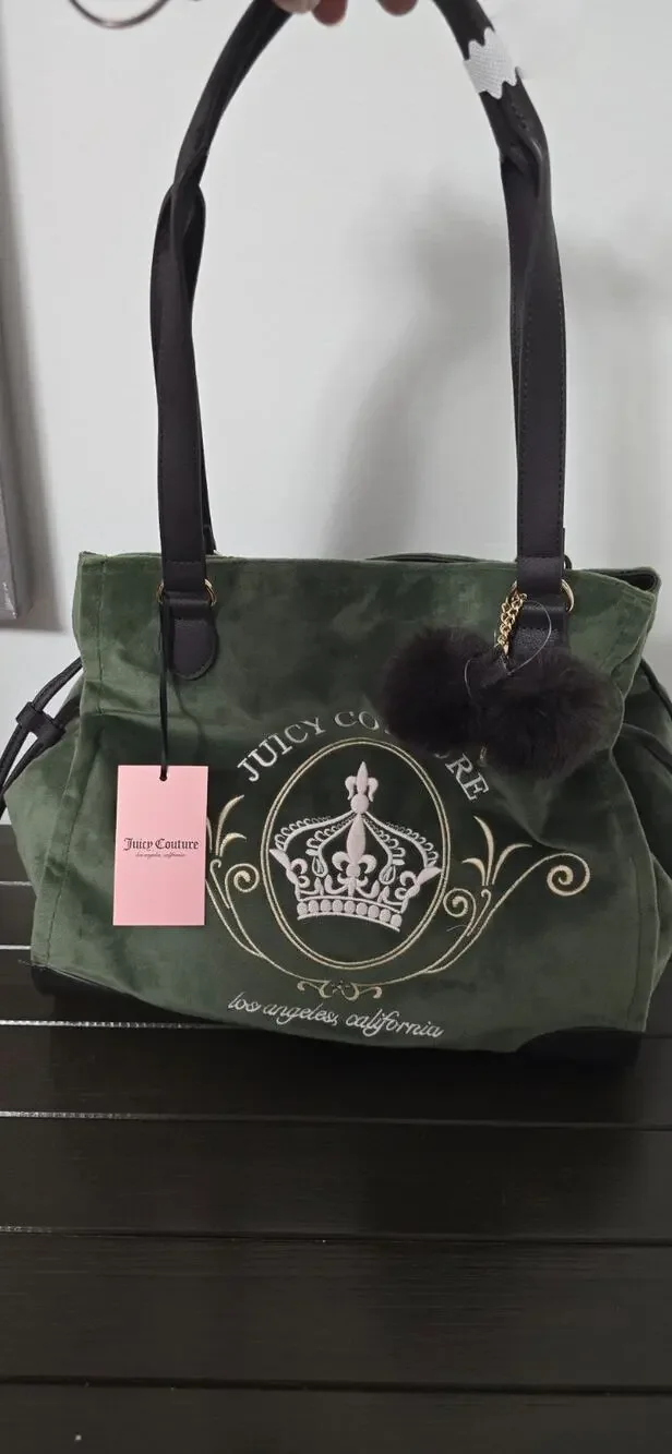 Juicy Couture Green Velour Crown Tote Bag Purse Shoulder Handbag Pom Pom NWT